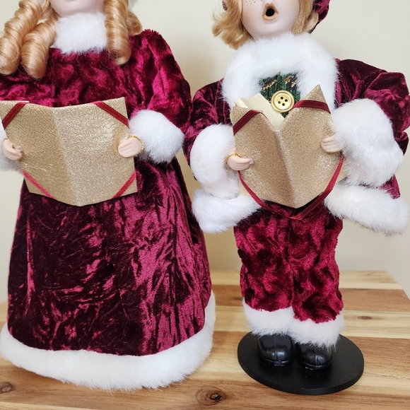 Red Velvet Velour Victorian Girl and Boy Christmas Caroler Set Christmas Decor - Picture 5 of 11